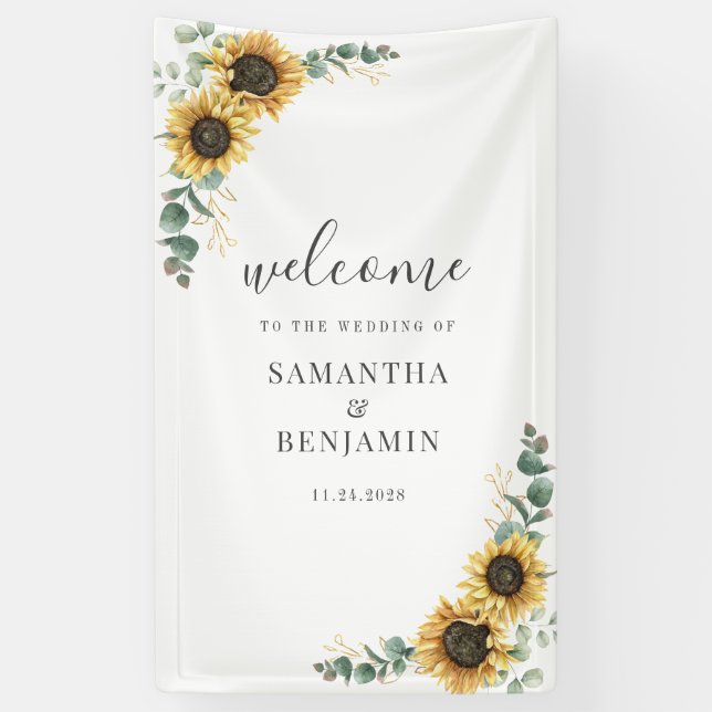Floral Sunflower Eucalyptus Script Wedding Banner (Vertical)