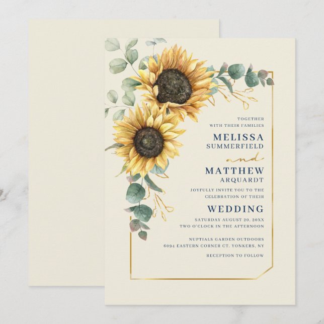 Floral Sunflower Eucalyptus Script Wedding Invitation (Front/Back)