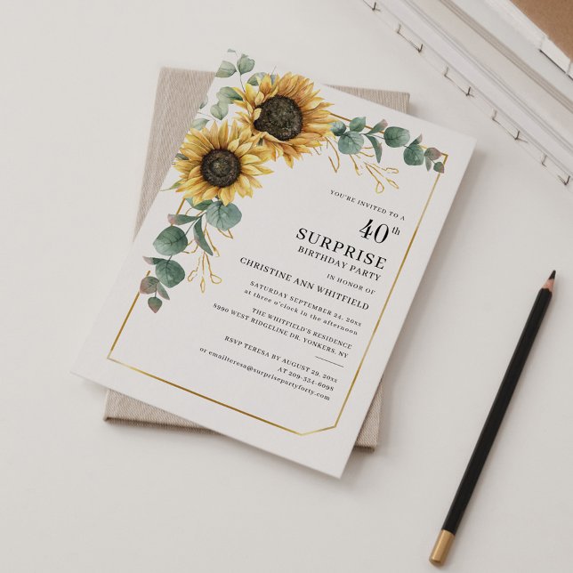 Floral Sunflower Eucalyptus Surprise 40th Birthday Invitation (Sunflower Eucalyptus Greenery 40th Birthday Party Invitation)