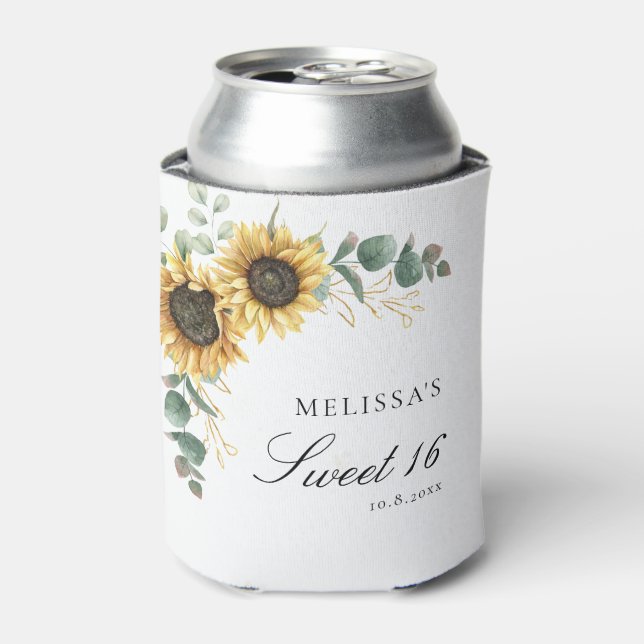 Floral Sunflower Eucalyptus Sweet 16 Party Can Cooler (Can Front)