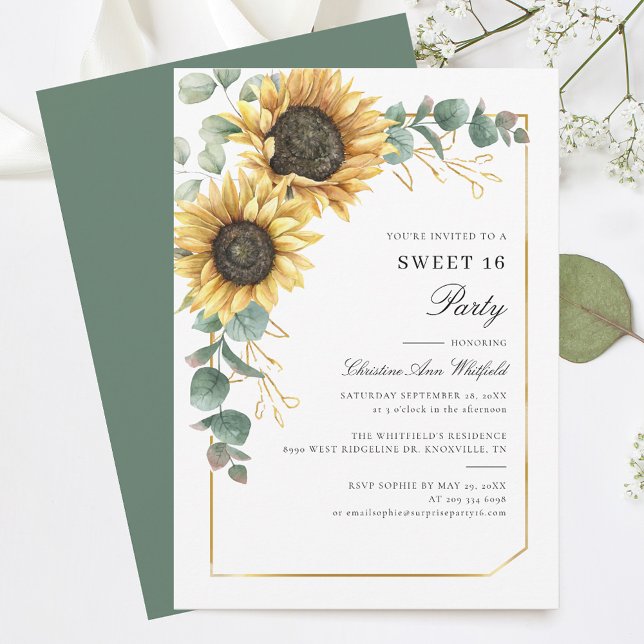 Floral Sunflower Eucalyptus Sweet 16 Party Invitation (Sunflower Floral Eucalyptus 16th Birthday Party Sweet Sixteen Invitation)