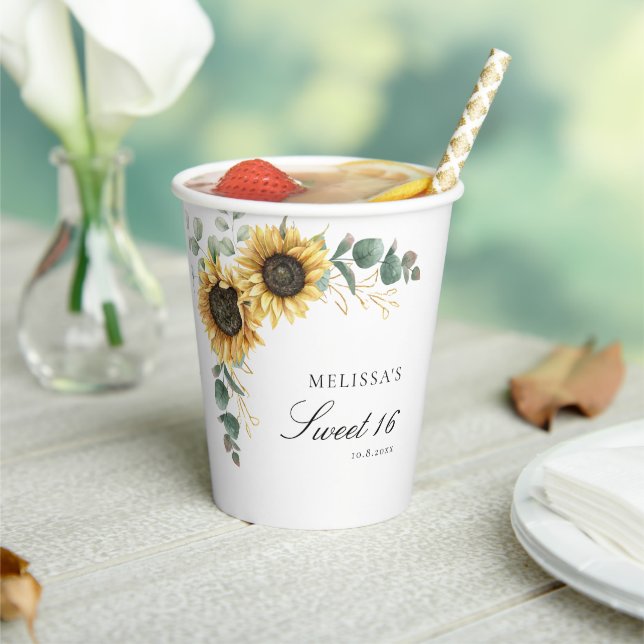 Floral Sunflower Eucalyptus Sweet 16 Party Paper Cups (Insitu)