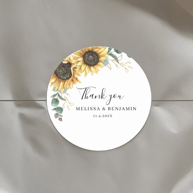 Floral Sunflower Eucalyptus Thank You Classic Round Sticker (Floral Sunflower Eucalyptus Elegant Script Wedding Envelope Seals Round Sticker)