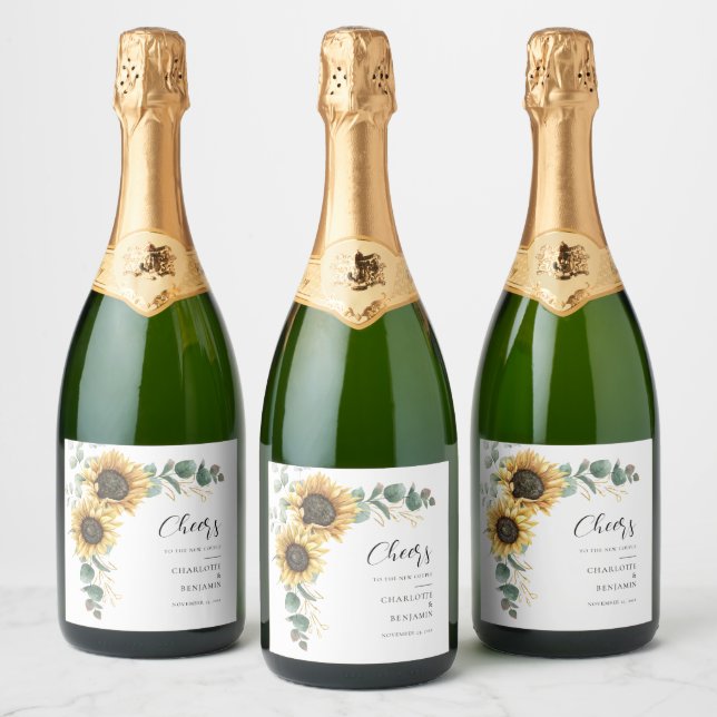 Floral Sunflower Eucalyptus Watercolor Wedding Sparkling Wine Label (Bottles)