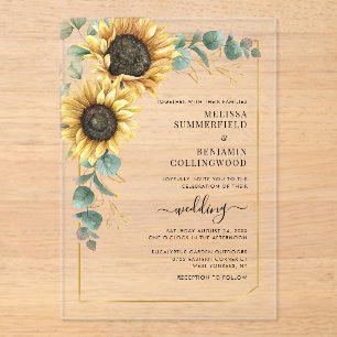Floral Sunflower Eucalyptus Wedding Acrylic Invitations