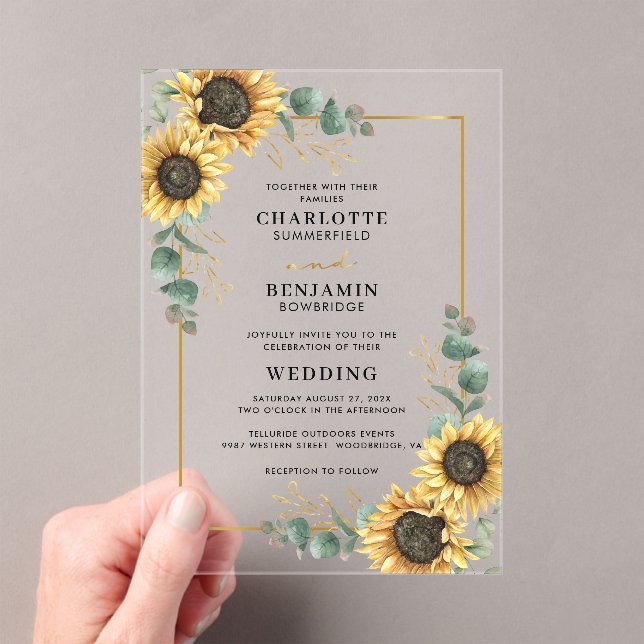 Floral Sunflower Eucalyptus Wedding Acrylic Invitations (Insitu (Handheld))