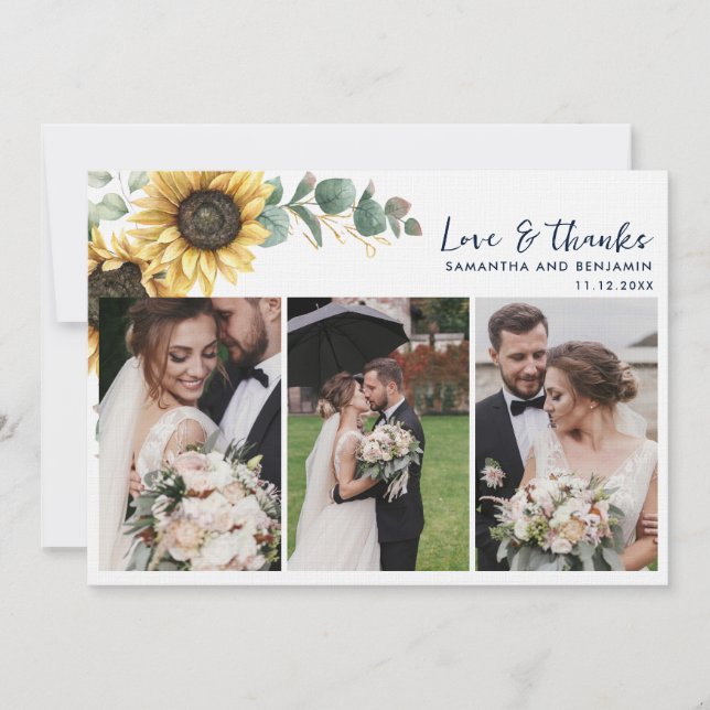 Floral Sunflower Eucalyptus Wedding Day Photo Thank You Card (Front)
