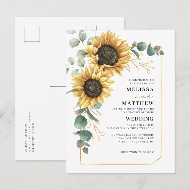 Floral Sunflower Eucalyptus Wedding Invitation Postcard (Front/Back)