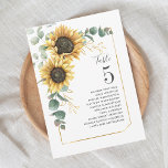 Floral Sunflower Eucalyptus Wedding Table Number 5<br><div class="desc">Plan your wedding reception with precision, from save the date, to day of the wedding events like the reception and seating arrangements with these sunflower floral eucalyptus leaves table number seating chart cards. Simple plug in the names of the guests and the table numbers. This way, the wedding party will...</div>