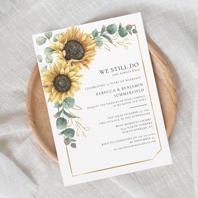 Floral Sunflower Eucalyptus Wedding Vow Renewal Invitation (Floral Watercolor Sunflower Botanical Wedding Anniversary Invitation)