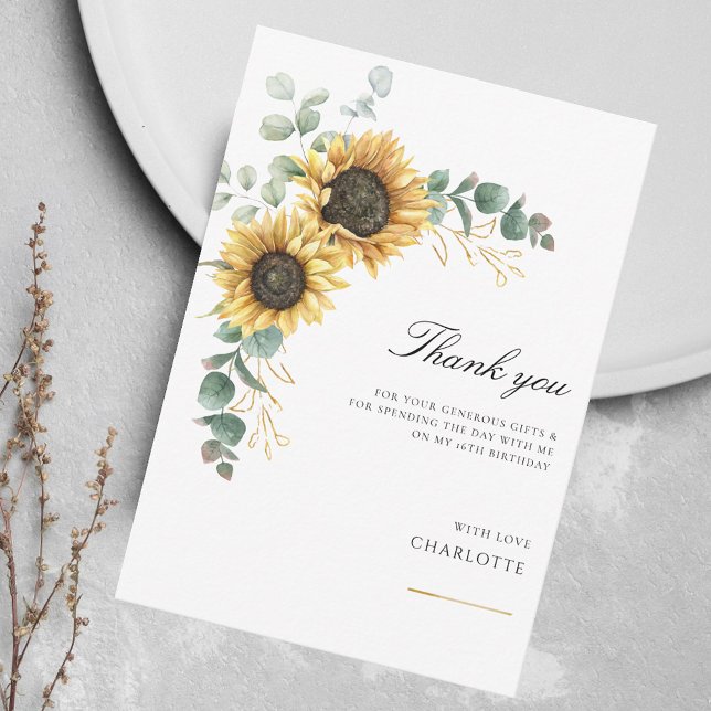 Floral Sunflower Greenery 16th Birthday Thank You Card (Floral Sunflower Eucalyptus Birthday Thank You Card)