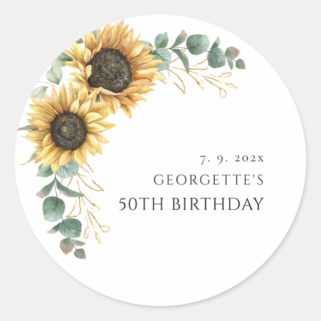 Floral Sunflower Greenery 50th Birthday Classic Round Sticker (Front)