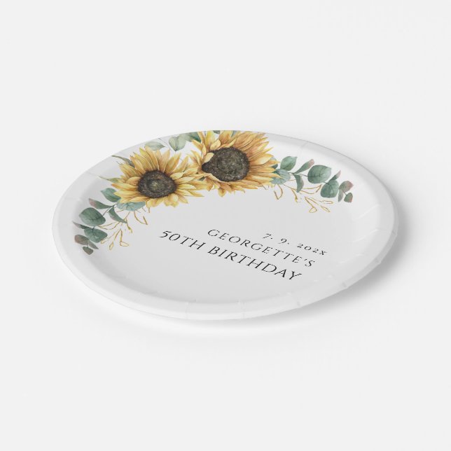 Floral Sunflower Greenery 50th Birthday Paper Plate (Angled)