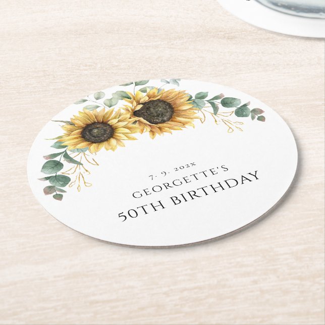 Floral Sunflower Greenery 50th Birthday Swag Round Paper Coaster (Angled)