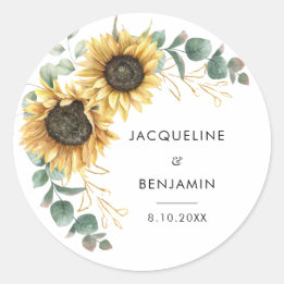 Floral Sunflower Greenery Eucalyptus Wedding Classic Round Sticker