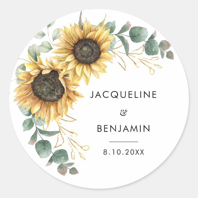 Floral Sunflower Greenery Eucalyptus Wedding Classic Round Sticker (Front)