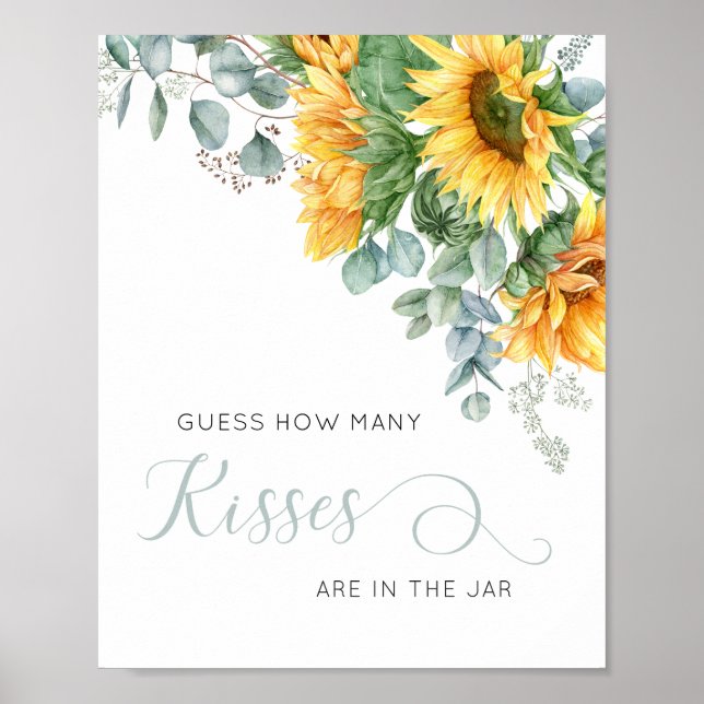 Floral Sunflower Guess How Many Kisses Shower Poster (Front)