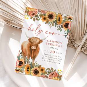 Floral Sunflower Highland Cow Birthday Invitation