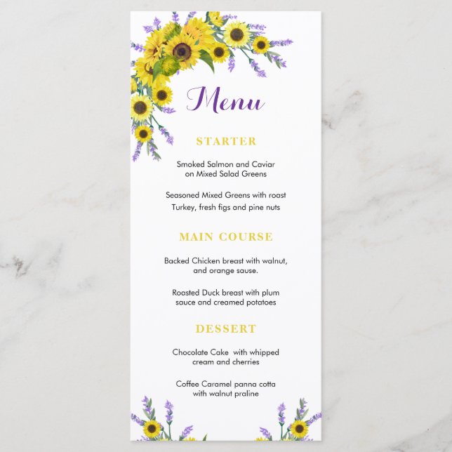 Floral Sunflower & Lavender Wedding Reception  Menu (Front)