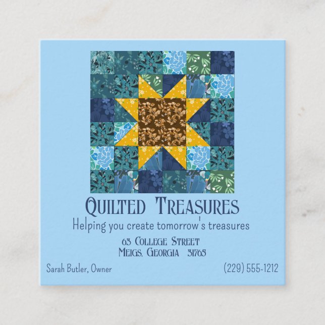 Floral Sunflower on Blue Patchwork Quilt Geometric Square Business Card (Front)