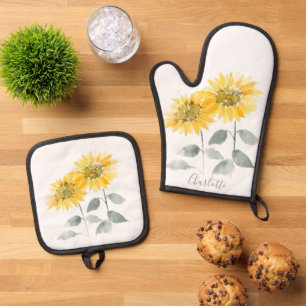 Floral Sunflower Personalised Script Oven Mitt & Pot Holder Set