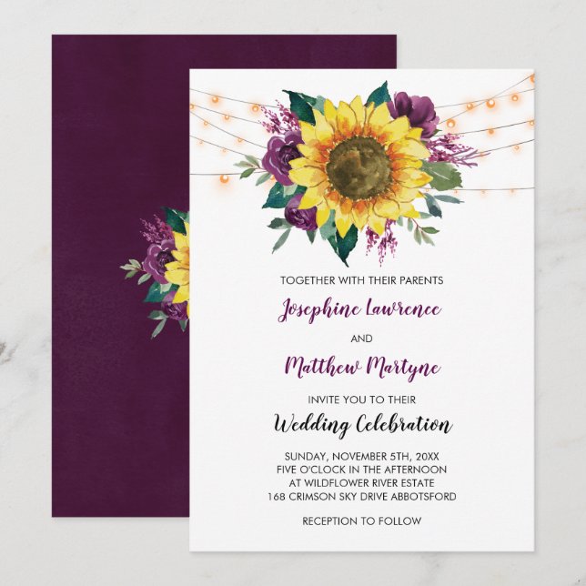 Floral Sunflower Plum Purple Rose Lights Wedding Invitation (Front/Back)