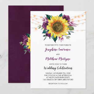 Floral Sunflower Plum Purple Rose Lights Wedding Invitation
