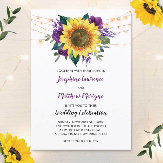 Floral Sunflower Purple Rose Lights Rustic Wedding Invitation (Creator Uploaded)