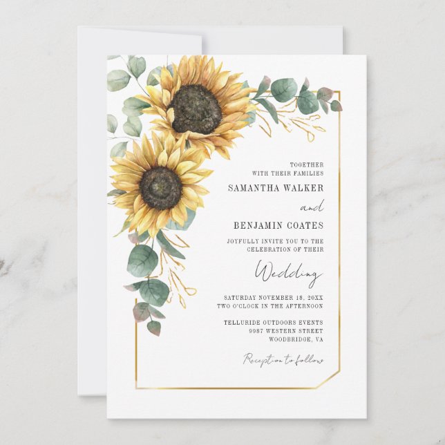 Floral Sunflower QR Code All in One Wedding Invitation (Front)