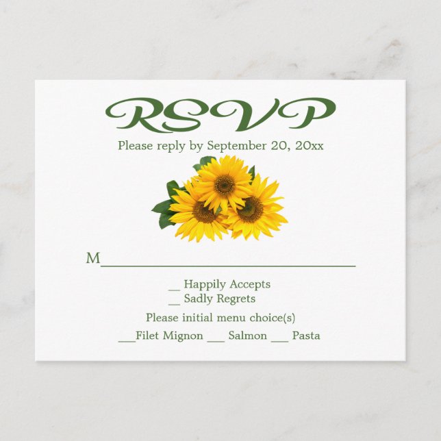 Floral Sunflower RSVP Green Yellow Wedding Party Invitation Postcard (Front)