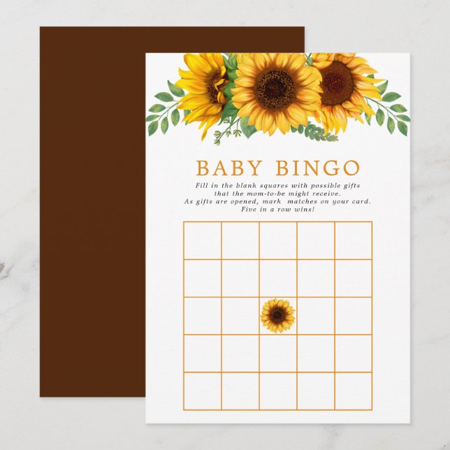 Floral Sunflower Rustic Baby Shower Bingo Game Invitation (Front/Back)