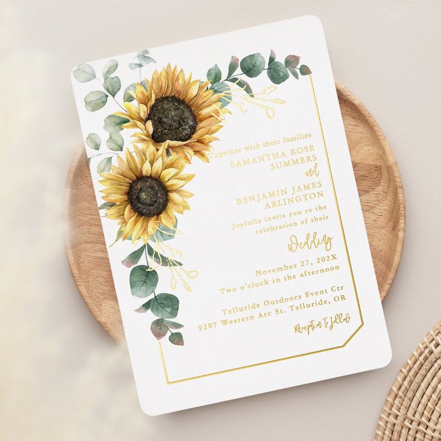 Floral Sunflower Script Greenery Wedding Gold (Floral Sunflower Sage Green Wedding Silver Foil Invitation)