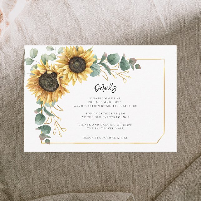 Floral Sunflower Script Wedding Reception Details Enclosure Card (Floral Sunflower Eucalyptus Greenery Wedding Enclosure Details Card)