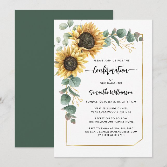 Floral Sunflower Watercolor Confirmation Invitation (Front/Back)