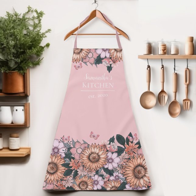 Floral Sunflower Women's Name Apron (Get creative in the kitchen with our personalized Country Sunflower Womens apron! )