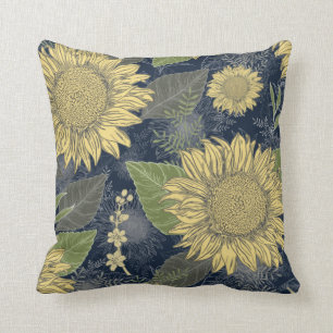 Floral Sunflower Yellow Navy Blue Throw Pillow