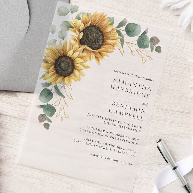 Floral Sunflowers and Eucalyptus Rustic Wedding Vellum Invitations (Floral Sunflower Eucalyptus Wedding Vellum Invitation)