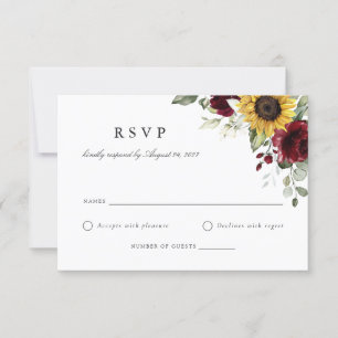 Floral Sunflowers Burgundy Wedding RSVP Card