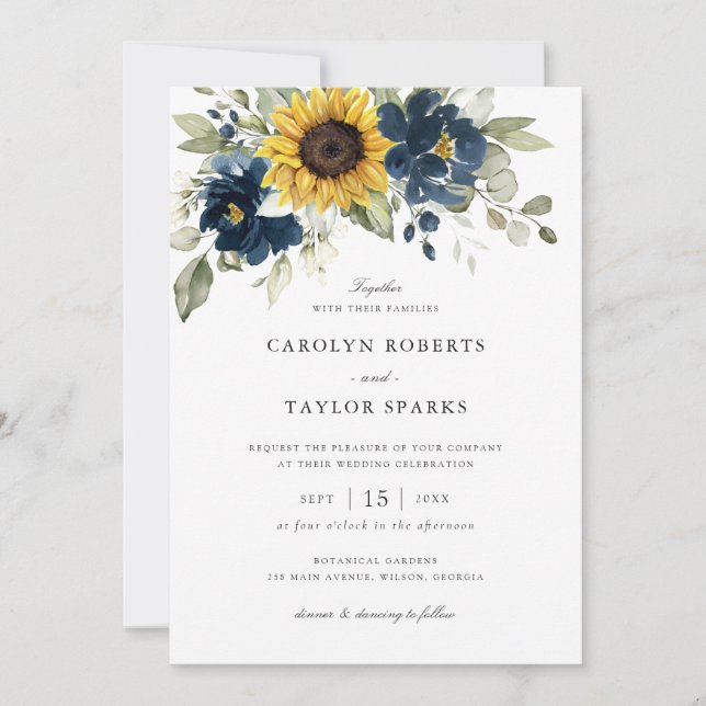 Floral Sunflowers Navy Blue Greenery Wedding Invitation (Front)