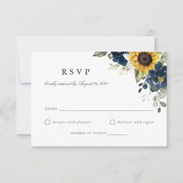 Floral Sunflowers Navy Blue Wedding RSVP Card (Front)