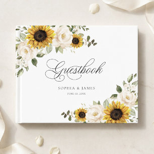 Floral Sunflowers White Flowers Greenery Wedding Guest Book