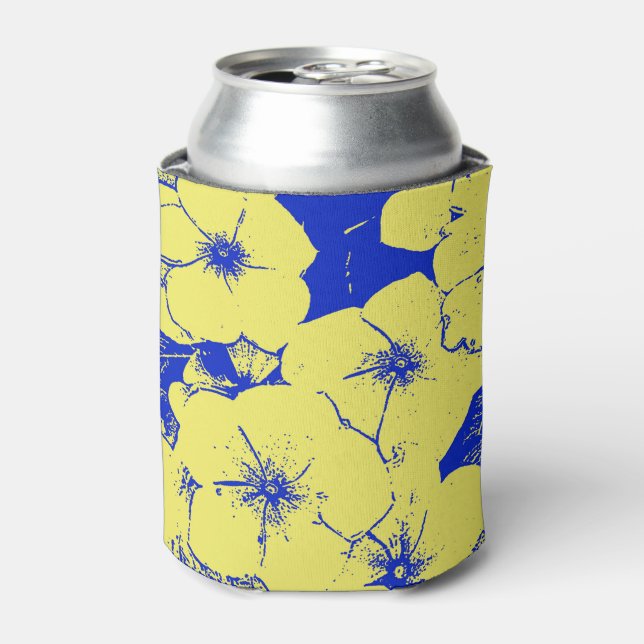 Floral Sunny Yellow Blue Pattern Can Cooler (Can Front)