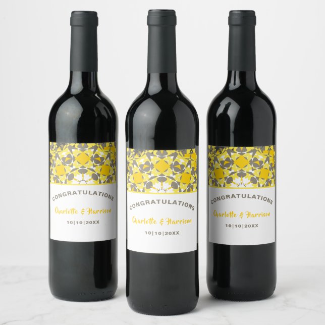Floral Sunny Yellow Grey White Elegant Wine Label (Bottles)