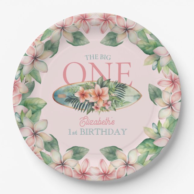 Floral Surf Board The Big One 1st Birthday Paper Plate (Front)