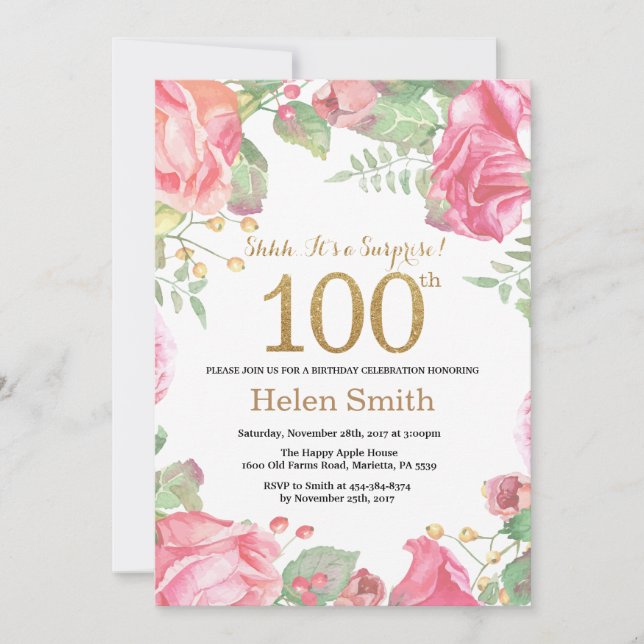 Floral Surprise 100th Birthday Gold Glitter Invitation (Front)