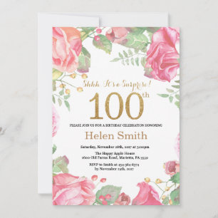 Floral Surprise 100th Birthday Gold Glitter Invitation