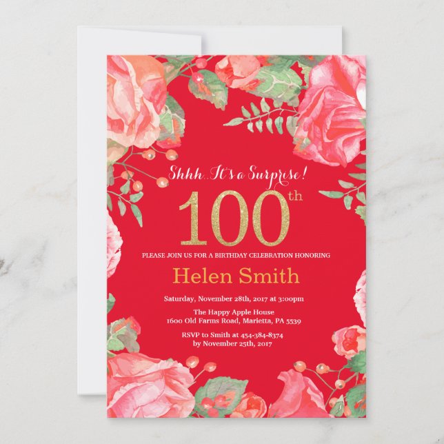 Floral Surprise 100th Birthday Gold Glitter Red Invitation (Front)