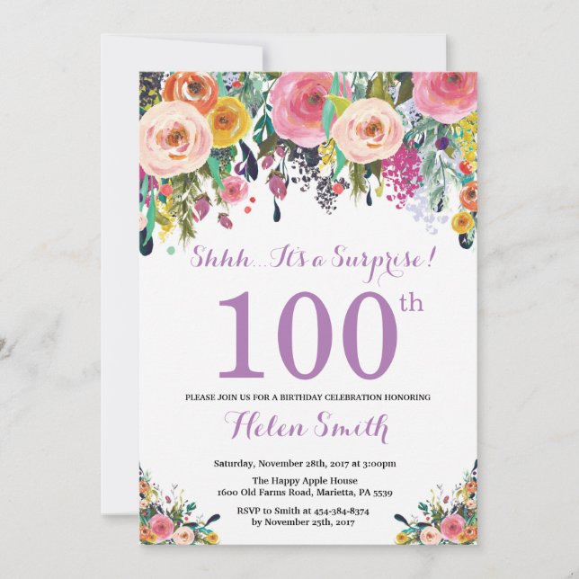 Floral Surprise 100th Birthday Invitation Purple (Front)