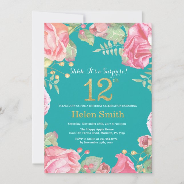 Floral Surprise 12th Birthday Gold and Teal Invitation (Front)