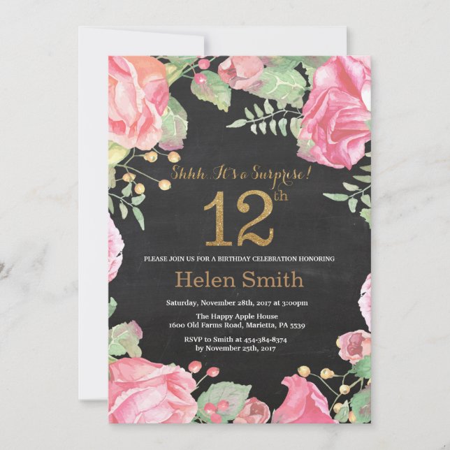 Floral Surprise 12th Birthday Gold Glitter Invitation (Front)